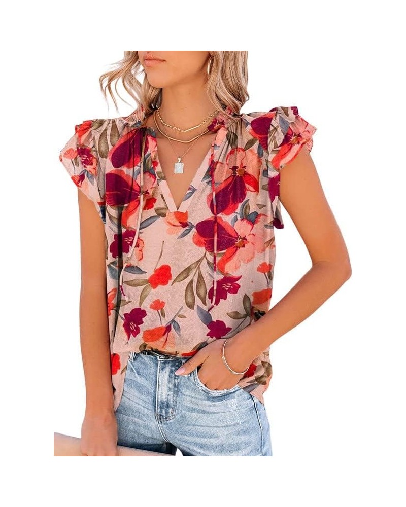 Women's Casual V Neck Tops Drawstring Short Sleeve T Shirt Blouses B Red Flower $11.99 Blouses