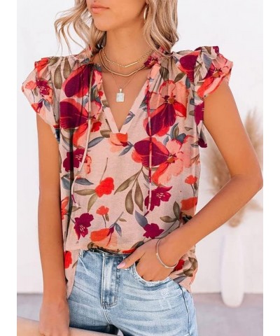 Women's Casual V Neck Tops Drawstring Short Sleeve T Shirt Blouses B Red Flower $11.99 Blouses