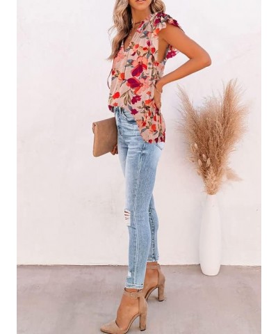 Women's Casual V Neck Tops Drawstring Short Sleeve T Shirt Blouses B Red Flower $11.99 Blouses