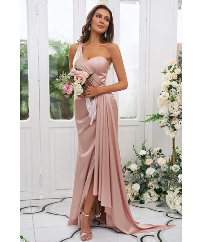 One Shoulder Satin Bridesmaid Dress Long for Women Sleeveless Ruched Formal Dress with Slit LN376 Olive Green $29.25 Dresses