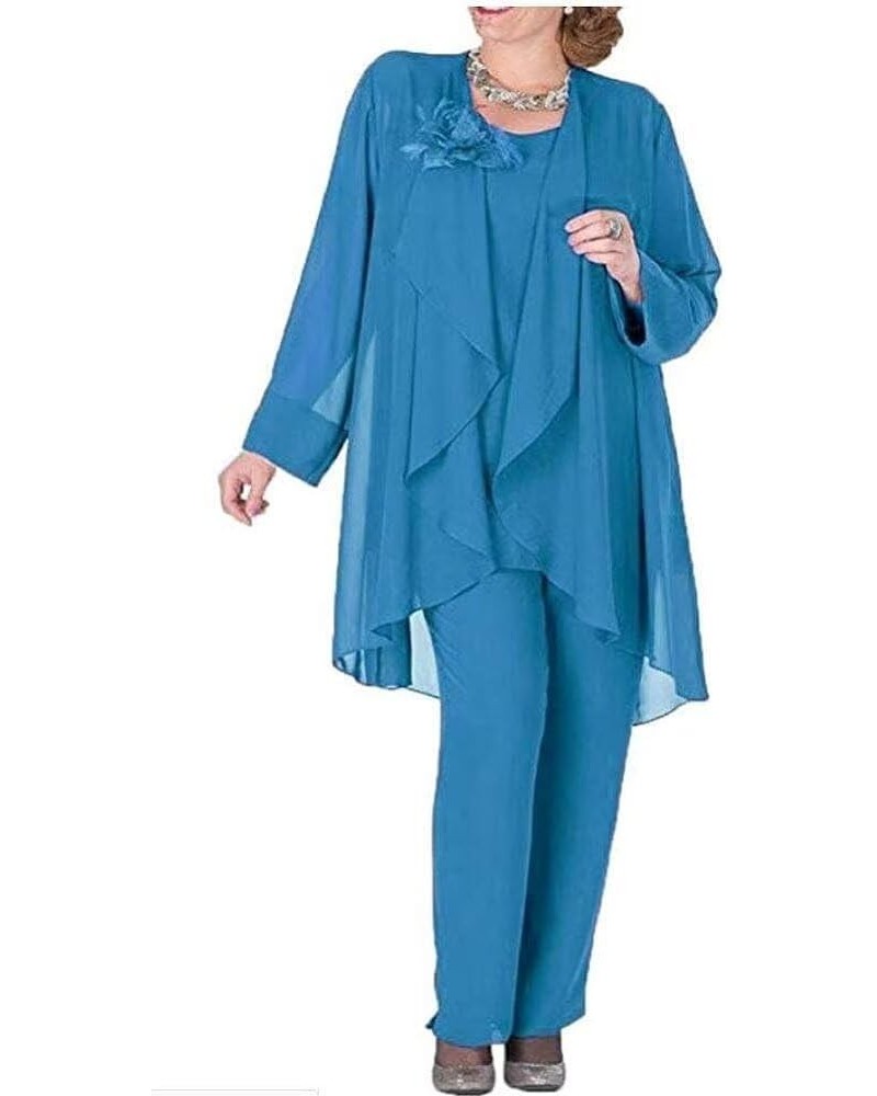 Chiffon Pant Suits for Women Dressy Wedding 3 Pieces Mother of The Bride Evening Outfits Blue $28.60 Suits