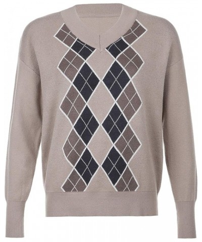 Women Argyle Plaid Sweater Pullover Long Sleeve Preppy England Style Y2K E-Girl Autumn Winter Sweater Top Brown $14.49 Sweaters