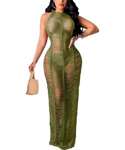 Women's Sexy Mesh Fringe Maxi Dress Halter Backless Bikini Swimsuit Summer Crochet Swim Cover Up A Army Green $23.93 Swimsuits