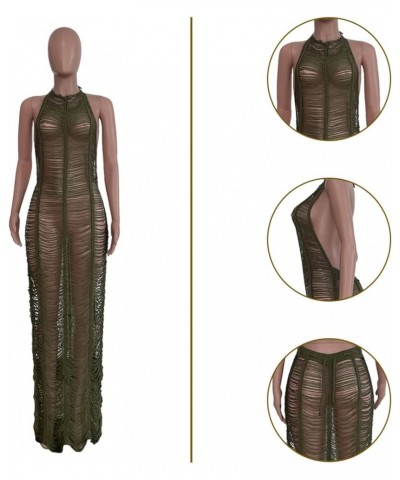 Women's Sexy Mesh Fringe Maxi Dress Halter Backless Bikini Swimsuit Summer Crochet Swim Cover Up A Army Green $23.93 Swimsuits