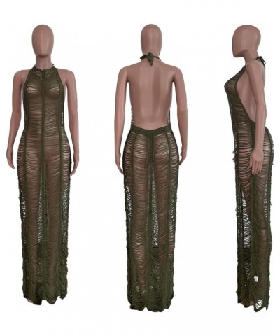 Women's Sexy Mesh Fringe Maxi Dress Halter Backless Bikini Swimsuit Summer Crochet Swim Cover Up A Army Green $23.93 Swimsuits