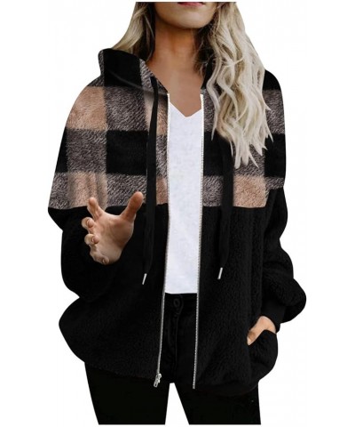 Winter Coats for Women Fuzzy Fleece Sherpa Jackets Hooded Color Block Patchwork Cardigan Coats Outerwear Plush Tops C-khaki $...