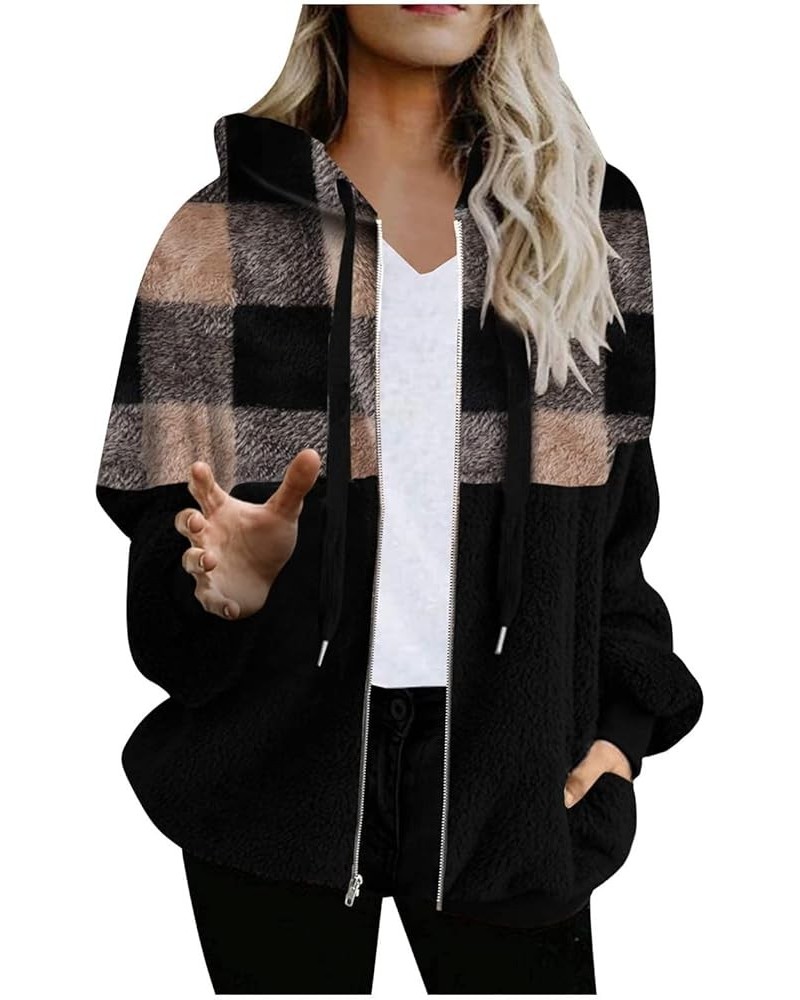 Winter Coats for Women Fuzzy Fleece Sherpa Jackets Hooded Color Block Patchwork Cardigan Coats Outerwear Plush Tops C-khaki $...