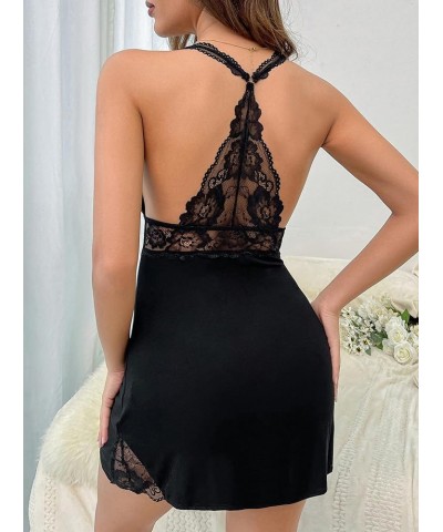 Women's Lace V Neck Lingerie Side Slit Sleeveless Nightgown Backless Sleepwear Black D $9.89 Lingerie