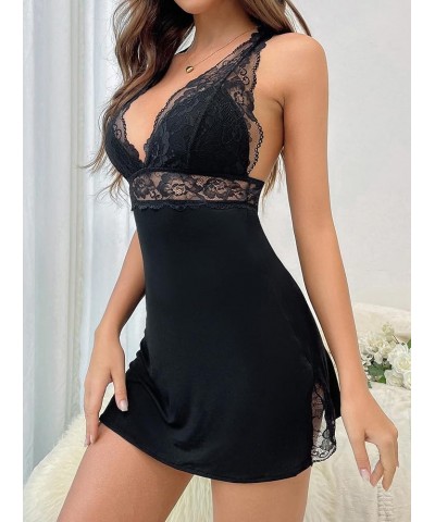 Women's Lace V Neck Lingerie Side Slit Sleeveless Nightgown Backless Sleepwear Black D $9.89 Lingerie