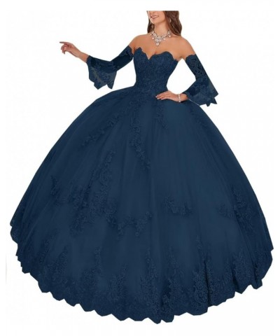 Ball Gown Quinceanera Dresses with Long Sleeves Tulle Lace Appliqued Prom Dress Sweetheart Formal Party Gowns for Women Navy ...