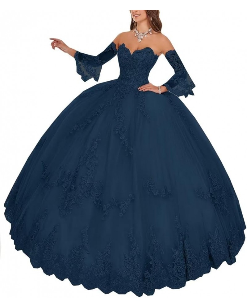 Ball Gown Quinceanera Dresses with Long Sleeves Tulle Lace Appliqued Prom Dress Sweetheart Formal Party Gowns for Women Navy ...