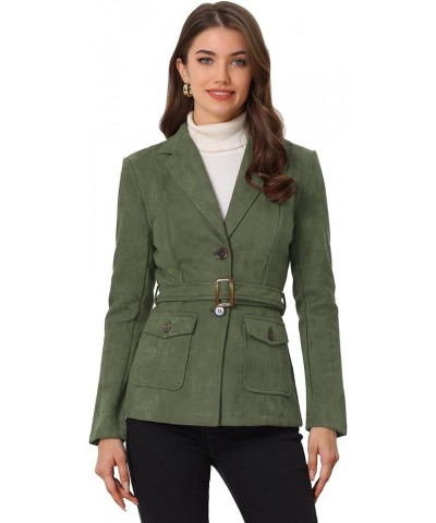 Women's Faux Suede Blazer Belted Lapel Outwear Single Breasted Work Jacket Army Green $22.80 Blazers