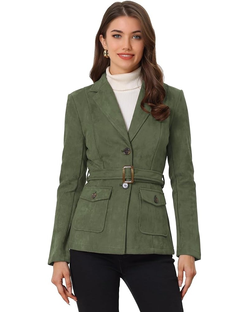 Women's Faux Suede Blazer Belted Lapel Outwear Single Breasted Work Jacket Army Green $22.80 Blazers