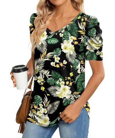 Women's Long Puff Sleeve V-Neck Tunic Tops Casual T-shirt Basic Blouse Loose Tee For Legging Short Yellow Green Leaf-lily $15...