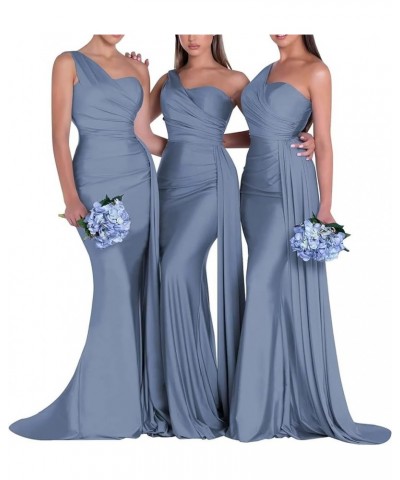 One Shoulder Bridesmaid Dresses for Wedding Satin Mermaid Long Prom Dress with Train Dusty Blue $28.55 Dresses