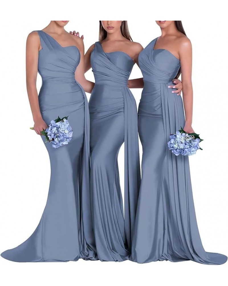 One Shoulder Bridesmaid Dresses for Wedding Satin Mermaid Long Prom Dress with Train Dusty Blue $28.55 Dresses