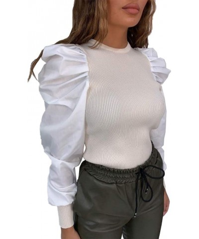 Women's Sexy Puff Long Sleeve Tops Ribbed Ruched Crewneck Slim Fit Party Blouse T Shirts Pullover Top 01white $10.25 Blouses