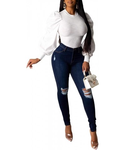 Women's Sexy Puff Long Sleeve Tops Ribbed Ruched Crewneck Slim Fit Party Blouse T Shirts Pullover Top 01white $10.25 Blouses