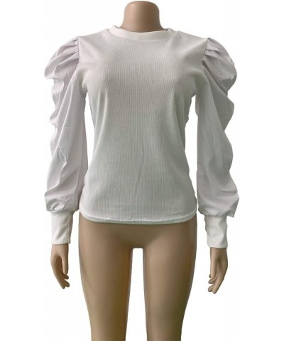 Women's Sexy Puff Long Sleeve Tops Ribbed Ruched Crewneck Slim Fit Party Blouse T Shirts Pullover Top 01white $10.25 Blouses