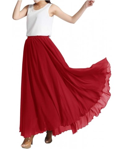 Women's Chiffon Full Length Elastic Waist Retro Long High Maxi Skirt Summer Beach Vintage Dress Big Hem Red $15.29 Skirts