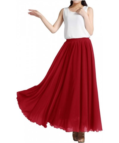 Women's Chiffon Full Length Elastic Waist Retro Long High Maxi Skirt Summer Beach Vintage Dress Big Hem Red $15.29 Skirts