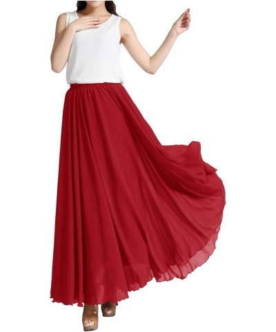 Women's Chiffon Full Length Elastic Waist Retro Long High Maxi Skirt Summer Beach Vintage Dress Big Hem Red $15.29 Skirts