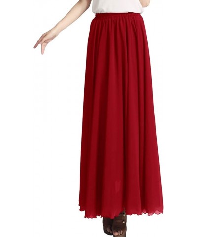 Women's Chiffon Full Length Elastic Waist Retro Long High Maxi Skirt Summer Beach Vintage Dress Big Hem Red $15.29 Skirts