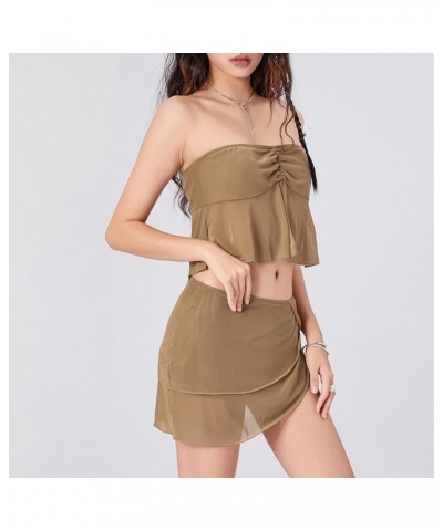 Women 2 Piece Bodyocn Skirt Outfits Strapless Corset Tops Elastic Waist Mini Skirt Sets Sexy Solid Slim Fitted Suits B Khaki ...