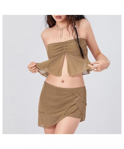 Women 2 Piece Bodyocn Skirt Outfits Strapless Corset Tops Elastic Waist Mini Skirt Sets Sexy Solid Slim Fitted Suits B Khaki ...