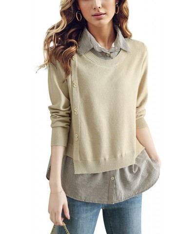 Women's Casual Blouses Long Sleeve Elegant Shirt Patchwork Tunic Blouse Top 25058 Apricot $19.03 Others