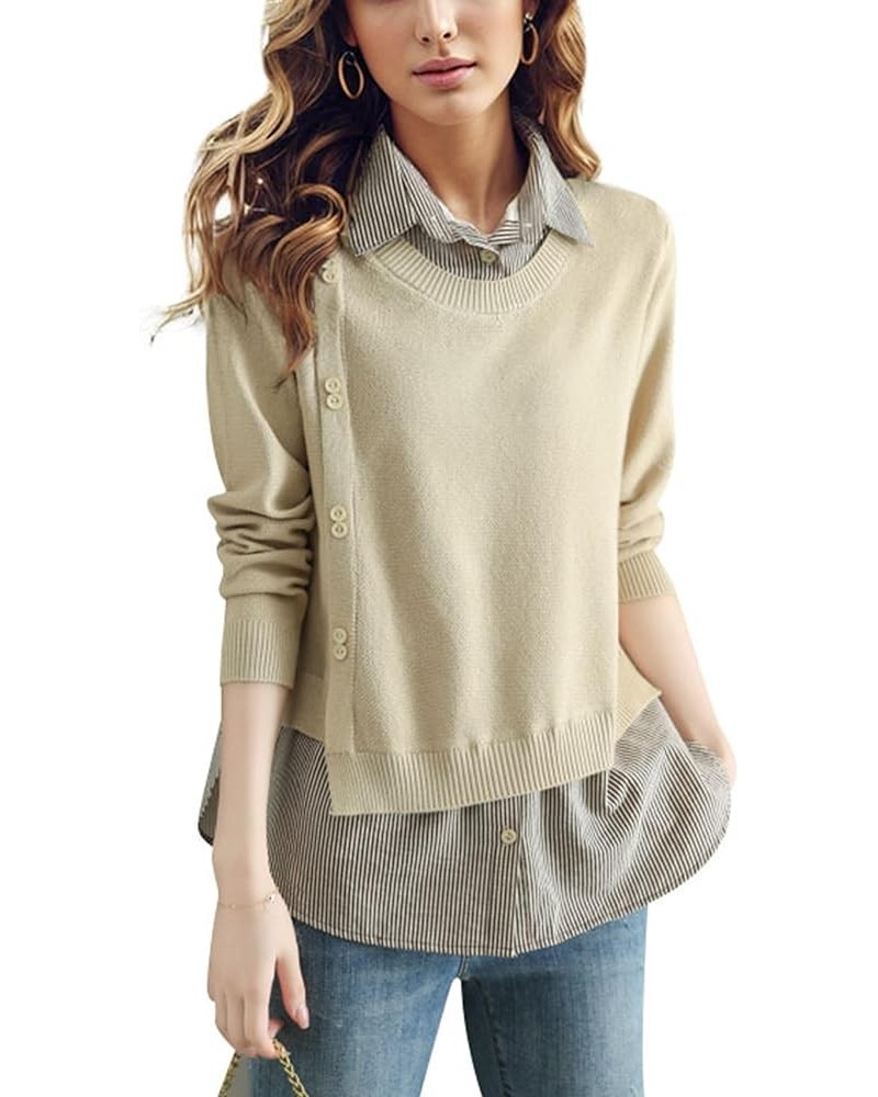 Women's Casual Blouses Long Sleeve Elegant Shirt Patchwork Tunic Blouse Top 25058 Apricot $19.03 Others