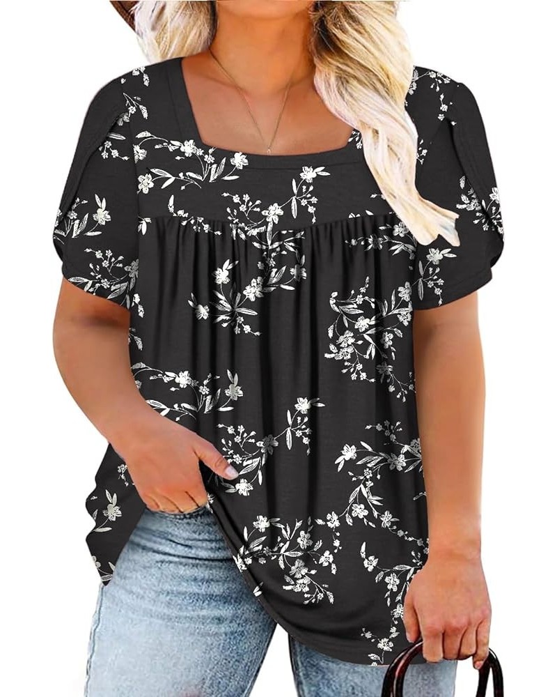 Womens-Plus-Size-Summer-Tops Petal Short Sleeve T Shirts Square Neck Blouses Flowy Pleated Tunics XL-5XL 10_yh003 $13.95 Tops