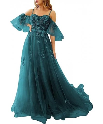 Cold Shoulder Prom Dresses Tulle Long Lace Appliques A Line Formal Party Evening Gown Teal $35.25 Dresses