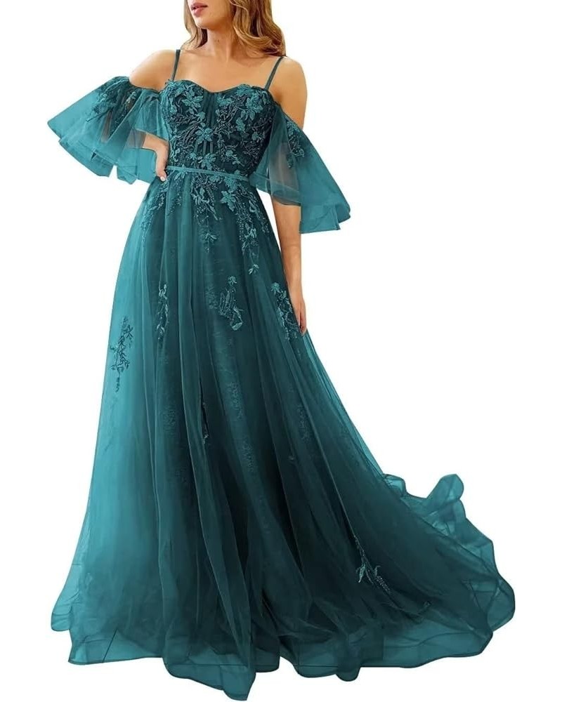 Cold Shoulder Prom Dresses Tulle Long Lace Appliques A Line Formal Party Evening Gown Teal $35.25 Dresses