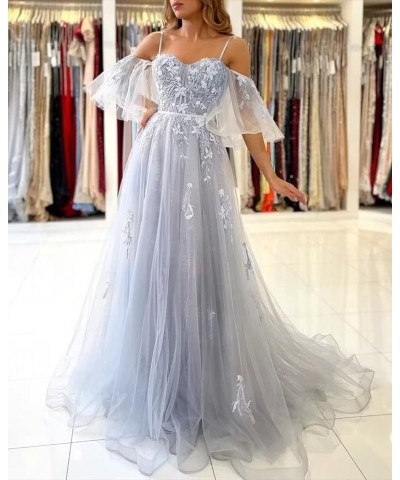 Cold Shoulder Prom Dresses Tulle Long Lace Appliques A Line Formal Party Evening Gown Teal $35.25 Dresses