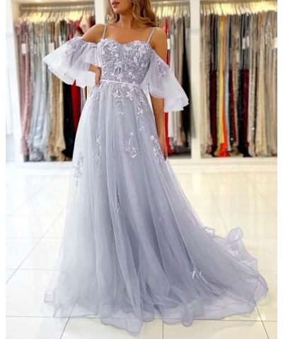 Cold Shoulder Prom Dresses Tulle Long Lace Appliques A Line Formal Party Evening Gown Teal $35.25 Dresses