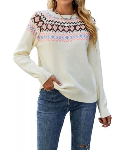 Women Fair Isle Print Sweater Pullover Vintage Fair Isle Crewneck Knitted Long Sleeve Pullover Sweater Beige $17.02 Sweaters