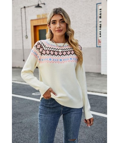 Women Fair Isle Print Sweater Pullover Vintage Fair Isle Crewneck Knitted Long Sleeve Pullover Sweater Beige $17.02 Sweaters