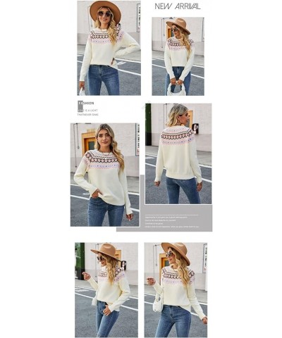 Women Fair Isle Print Sweater Pullover Vintage Fair Isle Crewneck Knitted Long Sleeve Pullover Sweater Beige $17.02 Sweaters