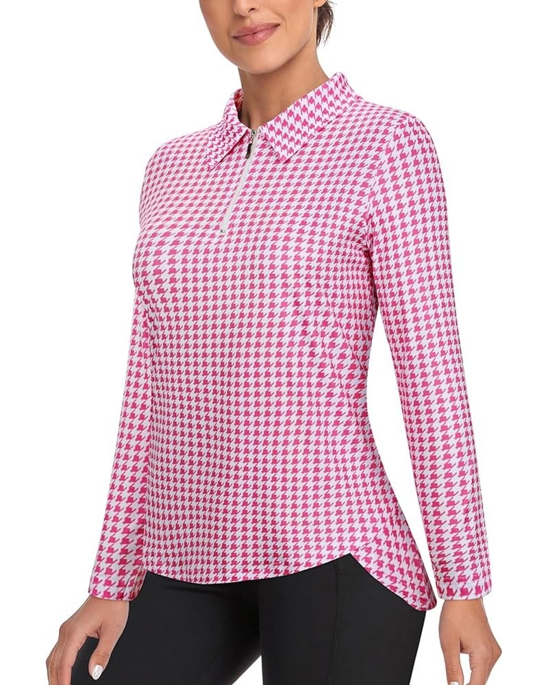 Women's Golf Shirt UPF 50+ Long Sleeve Quarter Zip Pullover Athletic Hiking Workout Tops Pink Plaid $19.13 Activewear