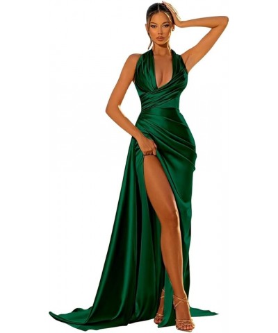 Bridesmaid Dresses Halter Pleated Satin Mermaid Prom Formal Dress with Slit Emerald Green $27.30 Dresses