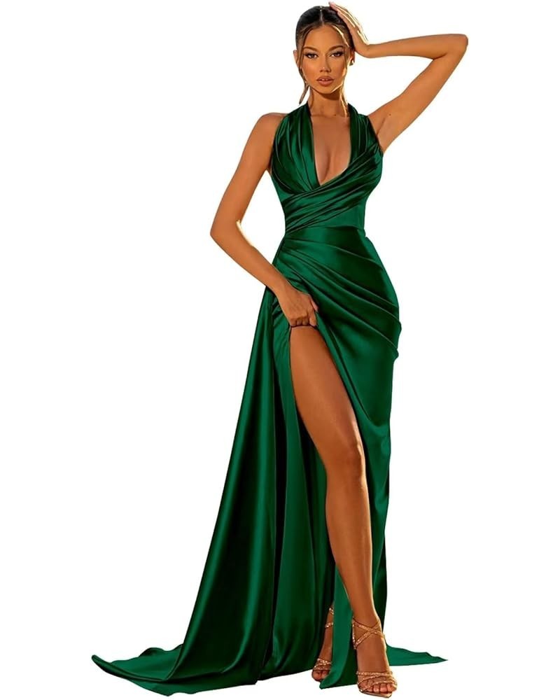 Bridesmaid Dresses Halter Pleated Satin Mermaid Prom Formal Dress with Slit Emerald Green $27.30 Dresses