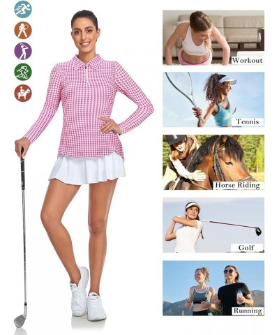 Women's Golf Shirt UPF 50+ Long Sleeve Quarter Zip Pullover Athletic Hiking Workout Tops Pink Plaid $19.13 Activewear