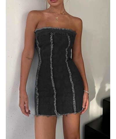 Y2K Strapless Bodycon Mini Dress Floral Club Short Tube Mini Dress Pencil Backless Off Dress Shoulder Frayed Raw Jean Black $...