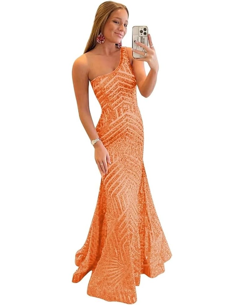 Sequin-Prom-Dresses-Women One Shoulder Mermaid Sparkly Long Evening Dress Orange $31.15 Dresses