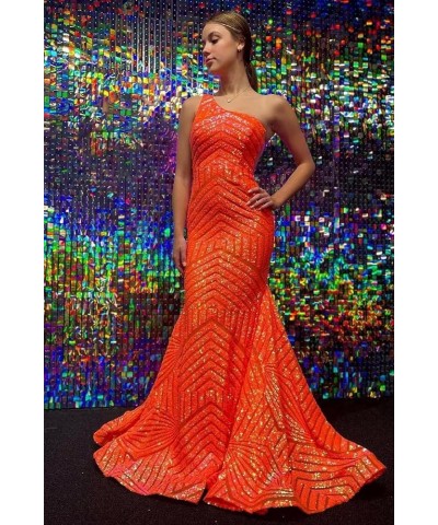 Sequin-Prom-Dresses-Women One Shoulder Mermaid Sparkly Long Evening Dress Orange $31.15 Dresses