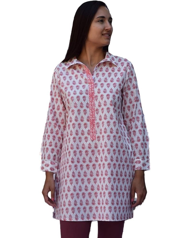 Madhuri Hand Block Printed Shirt Tunic, Top, Kurti, Blouse Pink Motif $18.19 Tops