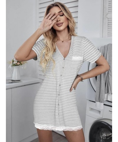 Women's Button Down Nightgown Pajamas Dress short sleeve 01 Aa-grey Striped $12.99 Sleep & Lounge