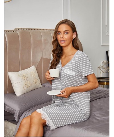 Women's Button Down Nightgown Pajamas Dress short sleeve 01 Aa-grey Striped $12.99 Sleep & Lounge