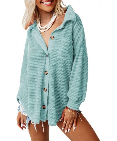 Womens Waffle Knit Shacket Jacket Casual Long Sleeve Button Down Shirts Dressy Blouses Tops Sky Blue $18.62 Blouses